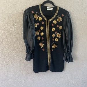 Magnolia Vintage Cardigan Jacket Sweater Black gold Beaded floral Silk Sleeves M